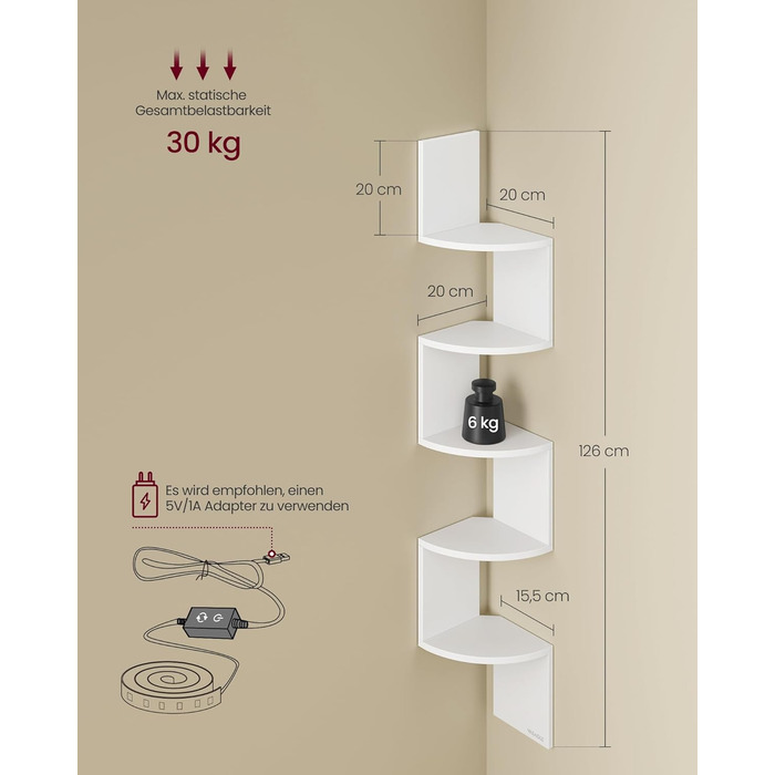 Кутова полиця VASAGLE зі світлодіодним освітленням, 5-рівнева настінна полиця, плаваюча книжкова полиця, книжкова шафа, полиця для рослин для спальні, вітальні, ванної кімнати, домашнього офісу, матово-білий колір LBC630W01