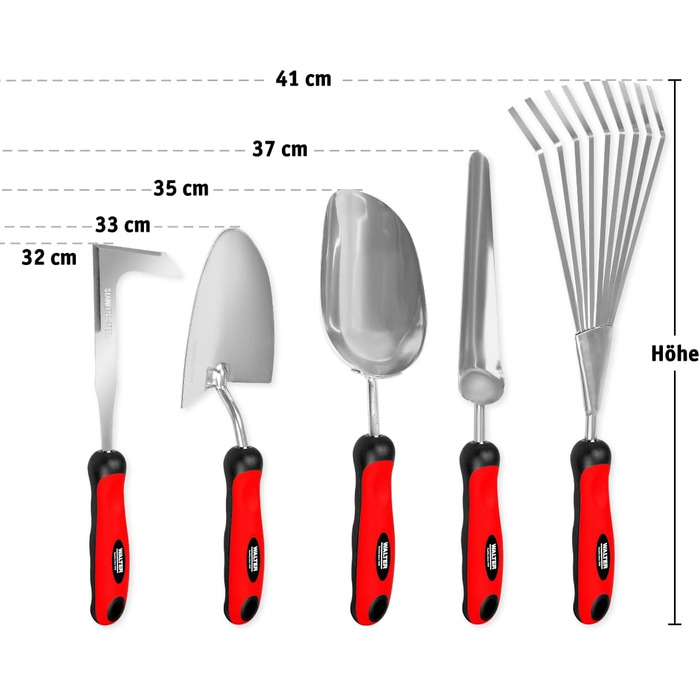 Набір садового інструменту WALTER - 5 предметів з посадковою та об'ємною лопатою, пружинними граблями, сапкою для бур'янів та скребком для швів з головками з нержавіючої сталі
