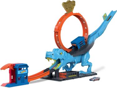 Гоночний трек Hot Wheels T-Rex атака, гра на спритність завдяки точному розрахунку часу та прицілюванню, з петляючою трасою, автом