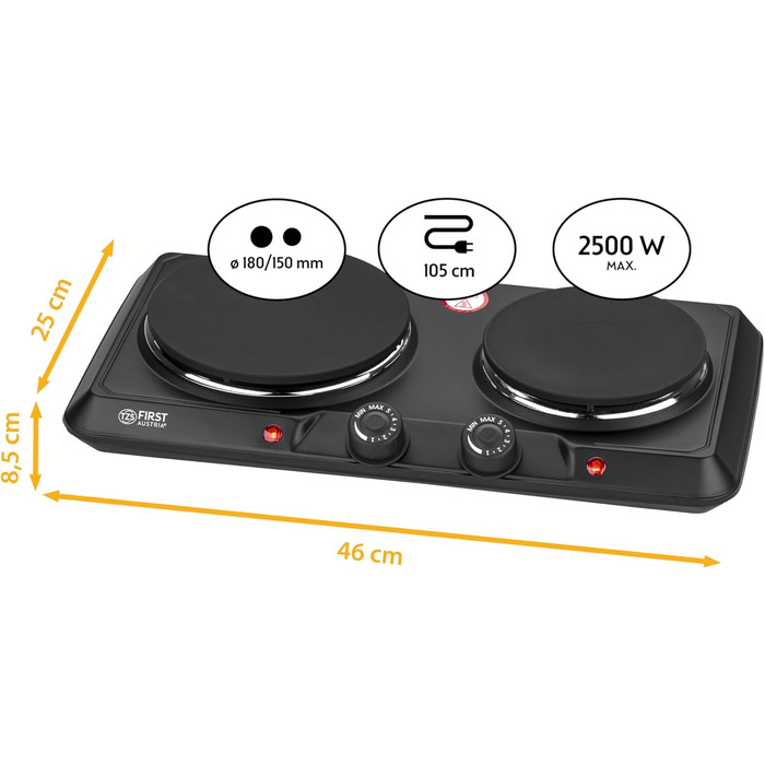 Подвійна конфорка TZS First Austria 2500 Вт Чавунні варильні поверхні 180/150 мм Ручне керування Металевий корпус мобільний для кемпінгу та подорожей Чорний