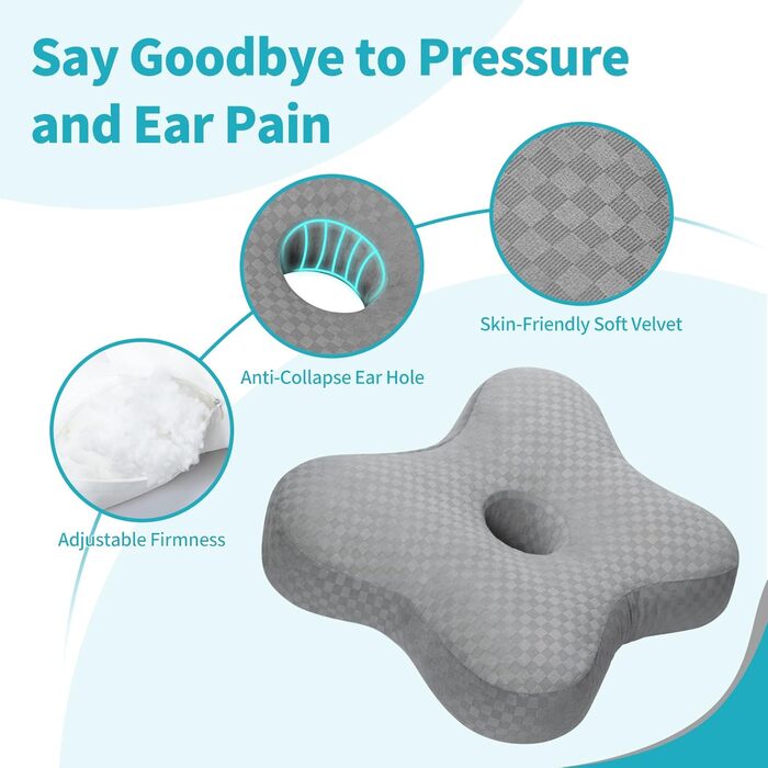 Подушка для пірсингу pozico з отвором подушка для вух для сну на боці подушка-пончик, що знімає тиск, від болю в вухах, пірсингу та хірургічних втручань чохол, який можна прати, регульований наповнювач 49x38x8 см сірого кольору