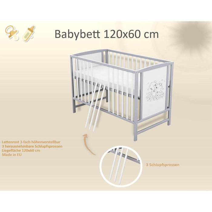 Дитяче ліжечко Baby Delux 60x120 біло-сіре з матрацом ведмежий мотив з перекладинами