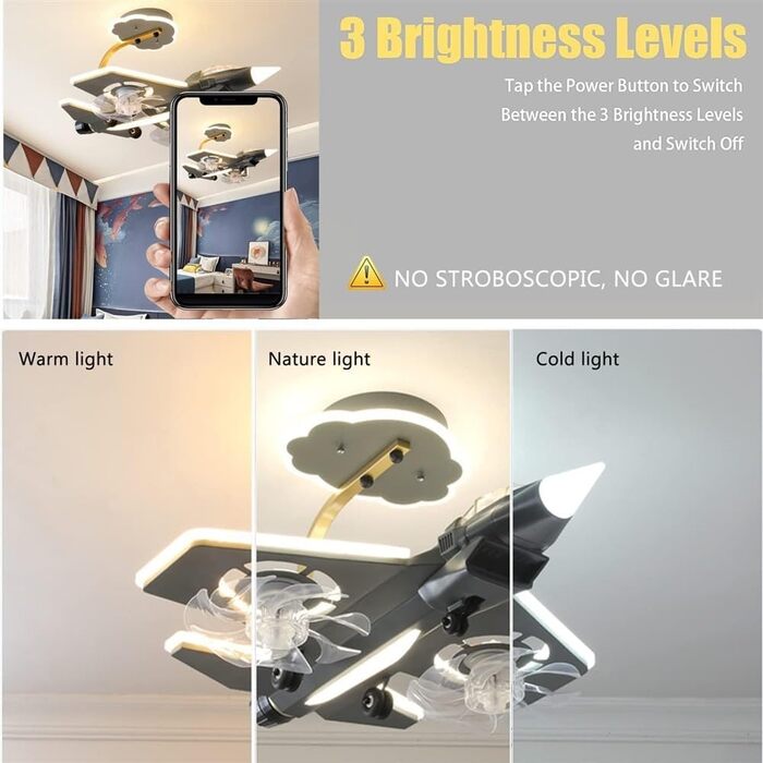Тихий вентилятор лампа мультфільм літак стельові вентилятори з легким вертольотом модель світлодіодна регульована 6 швидкість вітр