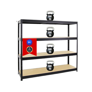 Надміцний стелаж Dino Extra Wide 180x200x60 см, Вантажопідйомність полиці 500 кг, Чорний, Гаражні стелажі, Стелажі для зберігання, Безболтові стелажі, Широкопролітний стелаж 180x200x60 см Чорний Панелі МДФ 6,5 мм