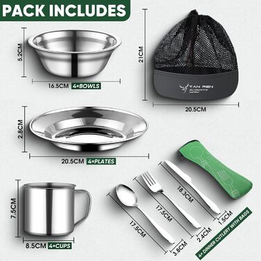 Набір столових приборів для кемпінгу TAN REN для 4 осіб, 24-предметний набір посуду для кемпінгу з нержавіючої сталі, набір столових приборів для пікніка, столові прибори для подорожей на свіжому повітрі з нержавіючої сталі з ножем, виделкою, ложкою для п
