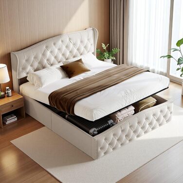 М&39яке ліжко 140x200 з місцем для зберігання, гідравлічне ліжко з місцем для зберігання, дитяче ліжко з узголів&39ям, каркас двоспального ліжка з ящиком для зберігання та рейковою основою, без матраца, оксамит (Бежевий 2, 140 x 200 см) Бежевий 2 140 x 20