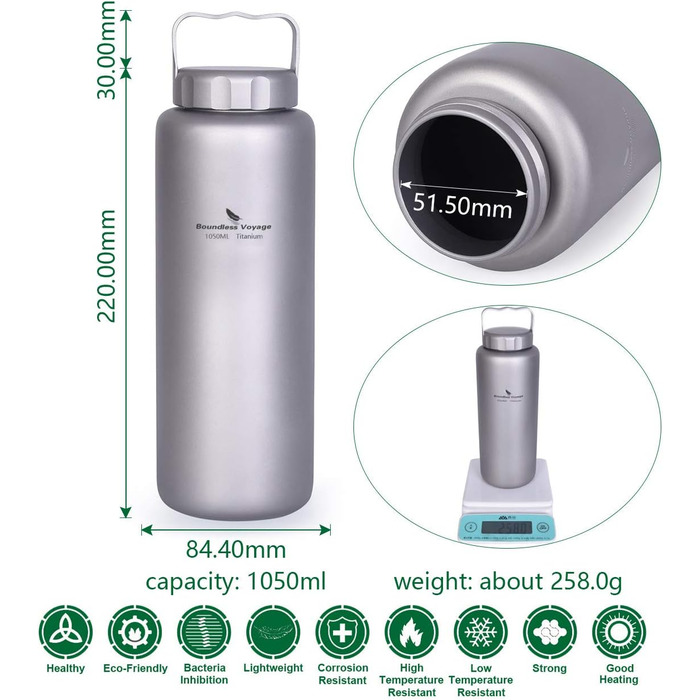 Мл титанова пляшка для кемпінгу, відкритого типу, посуд із широким горлом, легка портативна пляшка для води, велика пішохідна пляшка для пікніка, одношарова питна пляшка з ручкою Ti3006D 1050 мл з ручкою Ti3006d, 1050