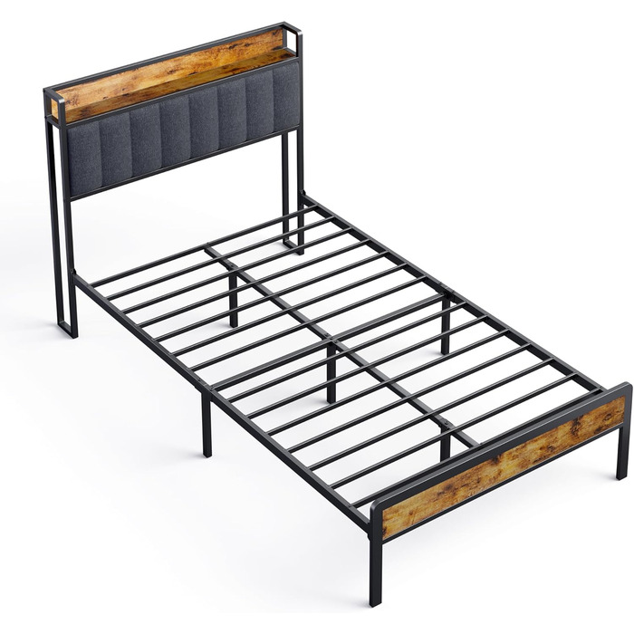 Каркас ліжка Bealife з металевою рейковою основою, односпальне ліжко з лляним покривалом, ліжко з м&39яким узголів&39ям та місцем для зберігання речей (120 x 200 см, темно-сірий колір)