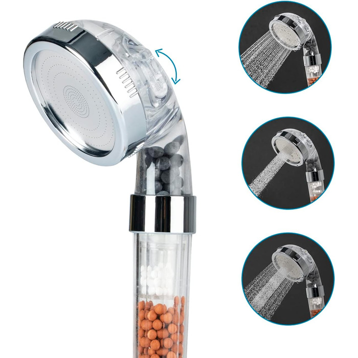 Лійка для душу EASYmaxx Wellness з мінеральними кульками та 3 режимами струменя води Зберігає 30 води за рахунок збільшення напору води приблизно на 50. 344 мікронасадки, функція природного фільтра для води, для всіх зєднань 1/2 дюйма