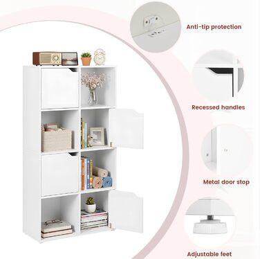 Книжкова полиця для кабінету, спальні та вітальні, книжкова шафа з 4 дверцятами та 8 відділеннями, полиця для зберігання, окремостояча полиця, офісна полиця, полиця для файлів, полиця для папок, 60 x 30 x 120 см