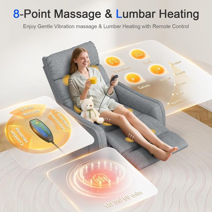 Крісло-відкидка, крісло для телевізора, масажне крісло з підйомником, електричне крісло для вітальні з функцією масажу та підігріву, 2 бічні кишені, крісло-відкидка з функцією відкидання, крісло для телевізора, сірий