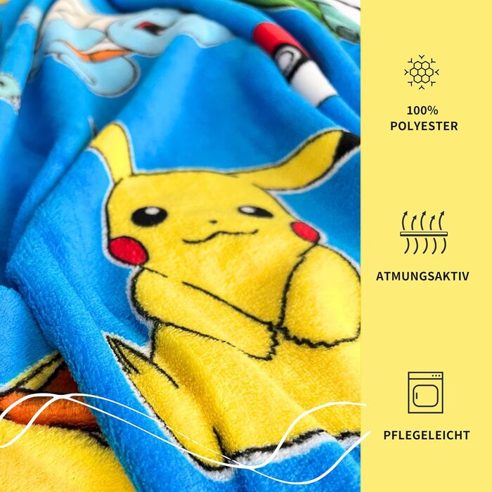 Флісова ковдра Pokmon 130x170 см Офіційно ліцензована, мяка та пухнаста Сертифікована Oeko-Tex, легка у догляді та довговічна Ідея подарунка для дітей та дорослих Pikachu & Friends