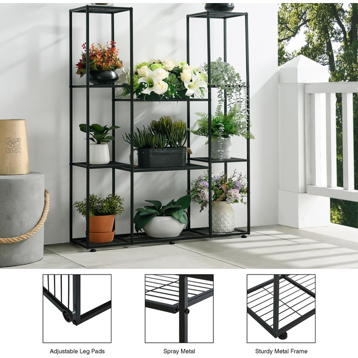 Металева підставка для квітів, 4 яруси, 11 горщиків, підставка для рослин для приміщень/вулиці, водонепроникна, багатоярусна підставка для рослин для саду, балкону, вітальні, двору, чорна, 95x25x120 см