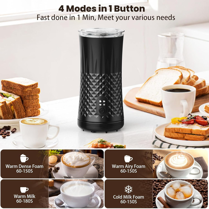 Електричний спінювач молока, HAPPHOOH 4-в-1, швидкий спінювач гарячого та холодного молока, з 2 віночками, контейнер для молока з