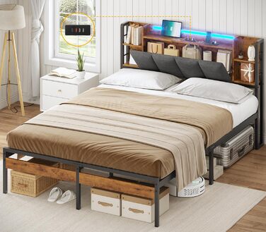 Ліжко AOGLLATI каркас 140x200 зі світлодіодним освітленням та функцією заряджання через USB, металевий каркас ліжка з узголів&39ям для зберігання речей, м&39яке узголів&39я, дитяче ліжко, двоспальне ліжко з рейковою основою (140 x 200 см)