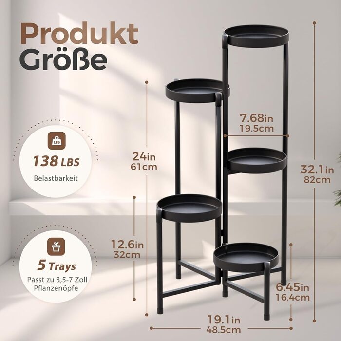 Металева підставка для квітів Bamworld, 5 ярусів, сучасна полиця для рослин для використання в приміщенні та на вулиці, міцна підставка для рослин з кількома полицями, компактний квітковий табурет для вітальні, балкона, саду, чорний - 5 шт. у упаковці