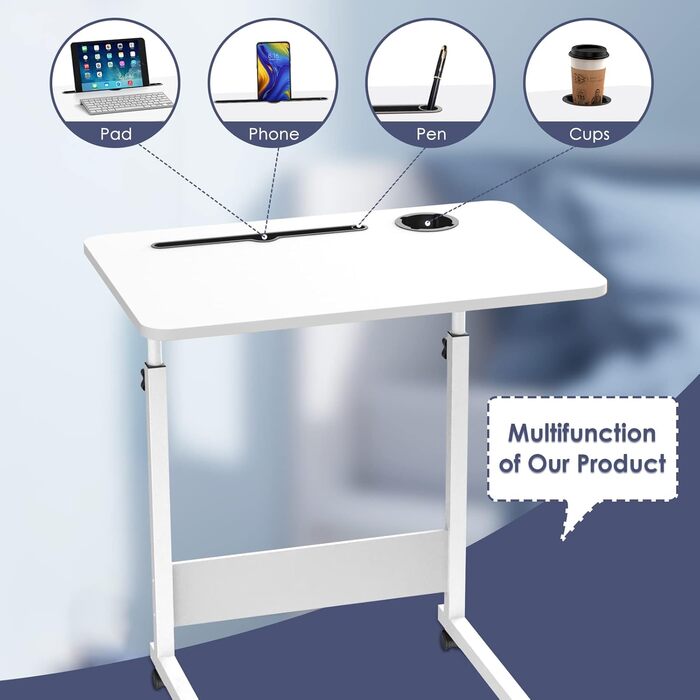 Стіл для ноутбука з регульованою висотою, бічний столик з колесами та слотами для карток, мобільний стіл/комп&39ютерний стіл для дивана, ліжка, кушетки, офісу (білий, 60x40 см) 60x40 см З 2 слотами для карток Білий