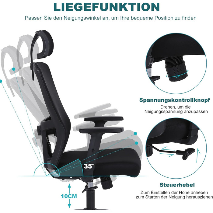 Ергономічне офісне крісло Youhauchair, стілець для роботи з регульованим підголівником та підлокітниками, ергономічне офісне крісло з високою спинкою та функцією гойдання, обертове крісло для домашнього офісу, класичний чорний колір