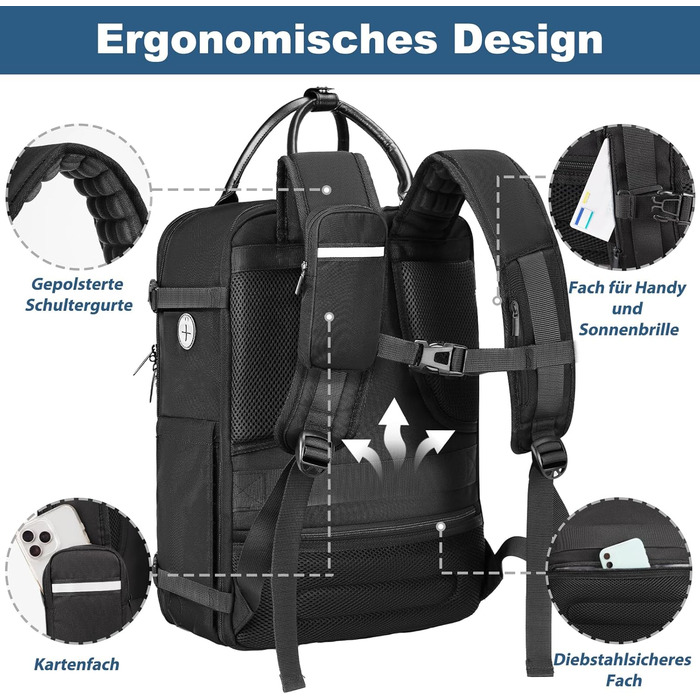 Ручна поклажа Taygeer EasyJet 45x36x20, Рюкзак-ручна поклажа-літак 45x36x20 з кодовим замком та відділенням для взуття, розширюваний дорожній рюкзак, сумісний з рюкзаком для ноутбука 15,6 дюймів, чорний