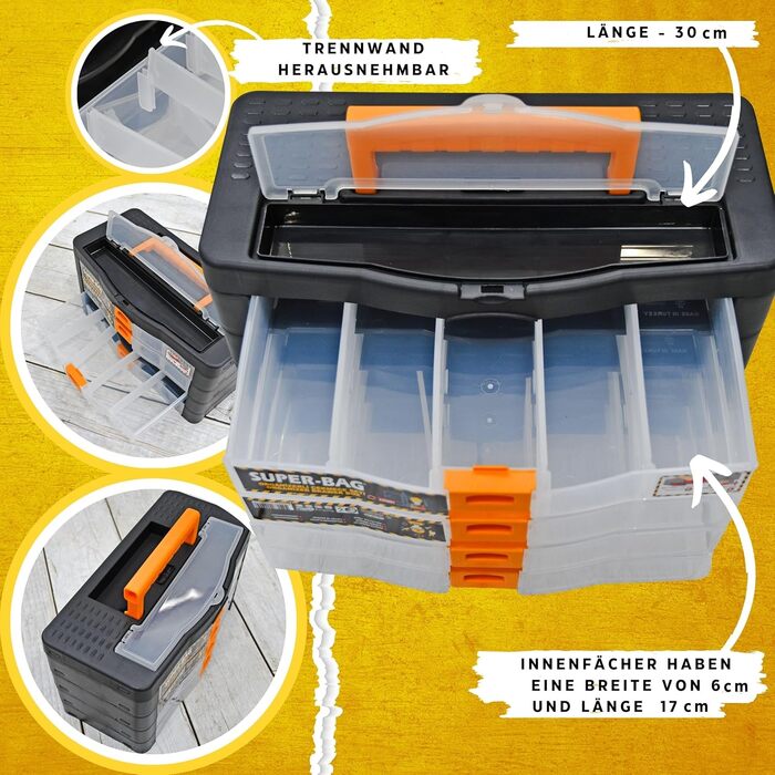 Кейс для інструментів, органайзер для дрібних деталей, 4 шухляди, 390x190x215 мм, ящик для сортування, 21 регульоване внутрішнє відділення, ящик для асортименту, що штабелюється, ящик для інструментів, ящик для зберігання, магазин для дрібних деталей, маг