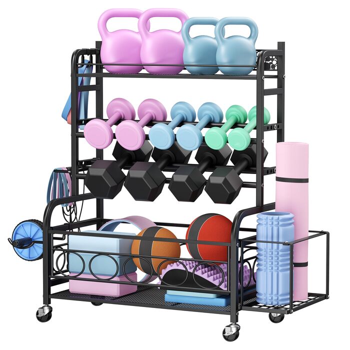Стійка для гантелей, багатофункціональне сховище для гантелей, підставка для гантелей з колесами та гачками, може вмістити гантелі, килимки для йоги, ролики для фасцій, гирі та інші гантелі, чорна, для дому