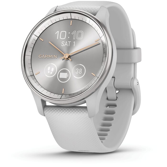 Гібридний смарт-годинник з аналоговими стрілками та сенсорним екраном, функціями фітнесу/здоров&39я, аналізом сну, Garmin Pay, сповіщеннями та часом автономної роботи до 5 днів. Trend Silver