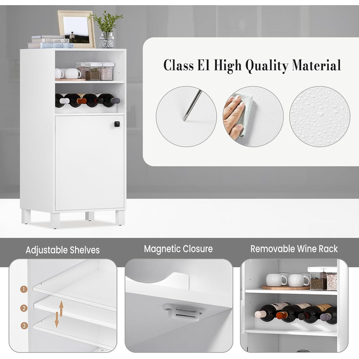 Кухонна шафа WOLTU з винною полицею, книжковою полицею, кухонною полицею, багатофункціональною шафою для зберігання, книжковою шафою, з дверцятами та регульованими полицями, білою, 48x108x40 см, KSK01ws