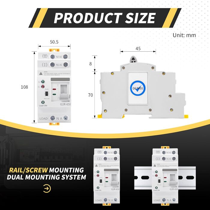 Автоматичний перемикач живлення з подвійним живленням 2P 63A 220V ATS Фотоелектричний перемикач 2 положення Аварійний перемикач живлення з подвійним живленням для побутових та промислових установок G2R-2P 63A 220V