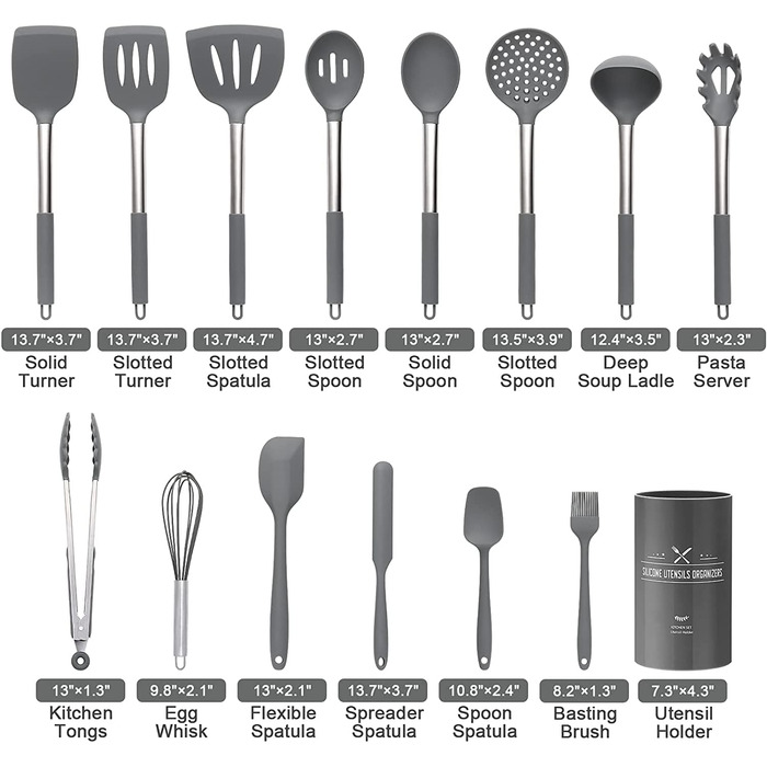 Силіконовий набір кухонного посуду, 15 предметів, термостійкий набір кухонних гаджетів з високоякісними ручками з нержавіючої стал