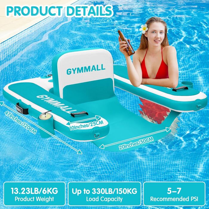 Надувне крісло для басейну GYMMALL для дорослих, крісло для плавального басейну, крісло для басейну, шезлонг, поплавок із підлокітником, спинкою, сидіння для басейну, озера та річки