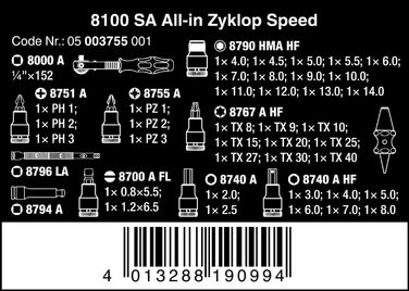 Набір тріскачок Zyklop Speed All-in Zyklop Speed, 42 шт. и, 1/4 дюйма, кольорові одинарні, 05003755001 8100 SA