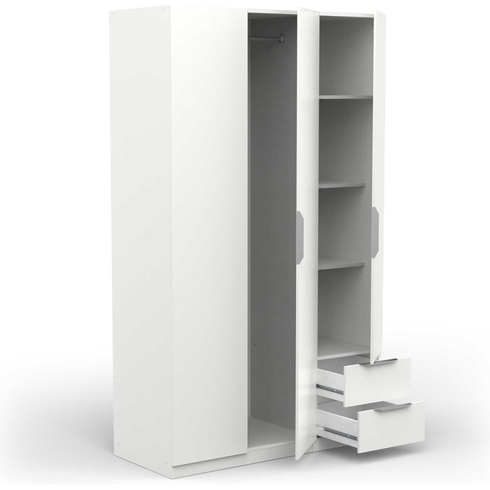 Сучасна шафа з рейкою для вішалок, 3 двері, 2 шухляди, 4 полиці матово-білий 119,4 x 51,1 x 203 см