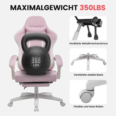 Тканина для ігрового крісла GTPLAYER, ігрове крісло з подушкою-пружиною Pocket Spring, ергономічне поворотне крісло, ігрове крісло з підставкою для ніг, вантажопідйомність 150 кг, рожево-білий