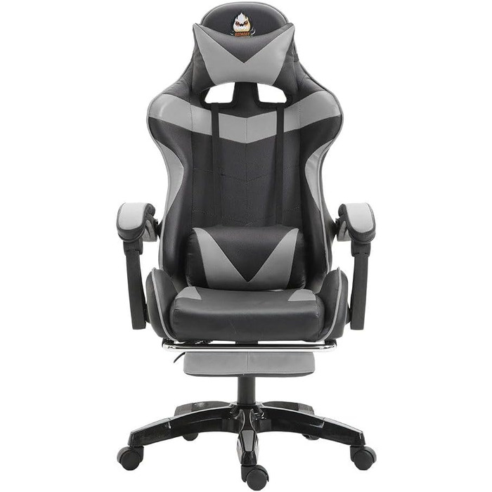 Ергономічне ігрове крісло, офісне крісло, регульоване по висоті, комп&39ютерне крісло зі штучної шкіри, з підголівником та поперековою опорою, поворот на 360 (сіре)