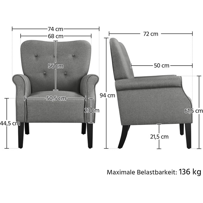 Сучасне крісло Yaheetech з вигнутою спинкою та дерев&39яними ніжками, м&39яке крісло-реклайнер, крісло під телевізор з підлокітниками, одномісний диван, зручні сидіння, темно-сірий, темно-сіра поліестерова тканина