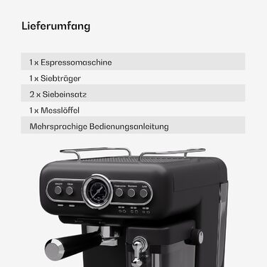 Кавоварка Klarstein Espresso Portafilter з піноутворювачем, міні-еспресо-машина 1.2 л з портафільтром, кавомашина потужністю 1350 Вт маленька кавоварка з нержавіючої сталі для капучино, латте та макіато Black Espressionata evo milk
