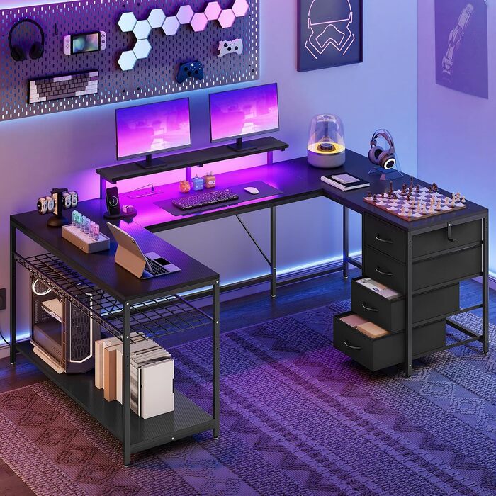 Кутовий письмовий стіл YITAHOME з 4 шухлядами, розеткою, USB та LED-підсвіткою, 158 см, чорний