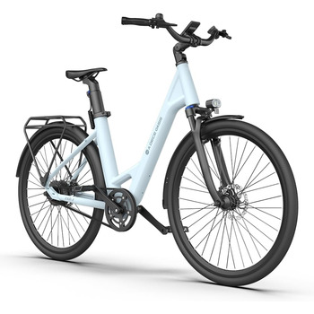 Електричний велосипед ADO E-Bike Air 28, педальний ремінний привід, 28 дюймів, датчик крутного моменту, 1 передача, задній двигун, акумулятор 345.00 Вт-год, ebike жіночий/чоловічий, багажник, лампа синього кольору