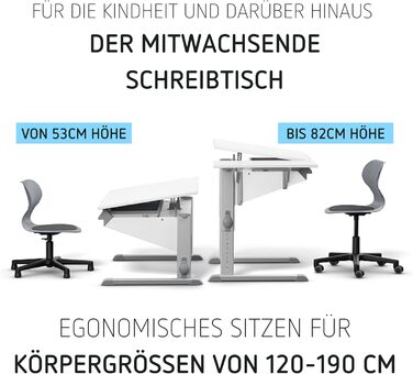 Дитячий письмовий стіл Moll Sprinter, регульований по висоті росте разом з вашою дитиною, ергономічний та нахиляється для вертикального сидіння ідеально підходить для школярів білий письмовий стіл, додаткова шухляда Зроблено в Німеччині Бічна стільниця та