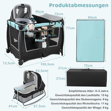 Дорожнє ліжечко з матрацом, дитяче ліжечко 6-в-1, дорожнє ліжечко з колискою, пеленальний столик, сумка для зберігання, музична скринька, підвісні іграшки, колеса, що блокуються, для дітей від 0 до 36 місяців (зелене)