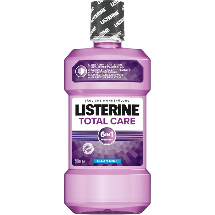 Ополіскувач для порожнини рота Listerine Total Care, ополіскувач для порожнини рота 6in1, антибактеріальний і з фтором проти карієсу (3 x 500 мл) М'ята