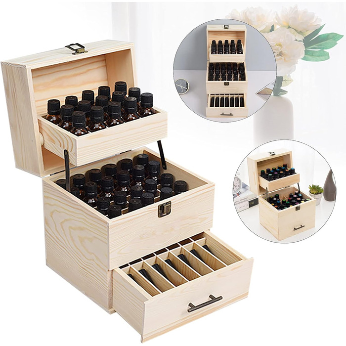 Рівневий дерев&39яний футляр для зберігання ефірних олій, футляр для ефірних олій, коробки для зберігання на 59 отворів, для флаконів об&39ємом 15 мл та 10 мл, лак для нігтів, 3-рівневий, 59 отворів, 3-