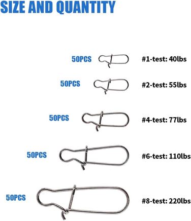 Міцний подвійний замок із нержавіючої сталі Застібки Гарні поворотні ковзні кільця Риболовні приманки Гачок Розєм Асортимент аксесуарів для прісноводного рибальського спорядження для солоної води - Тест 40LB-220LB, 250Pcs 12468