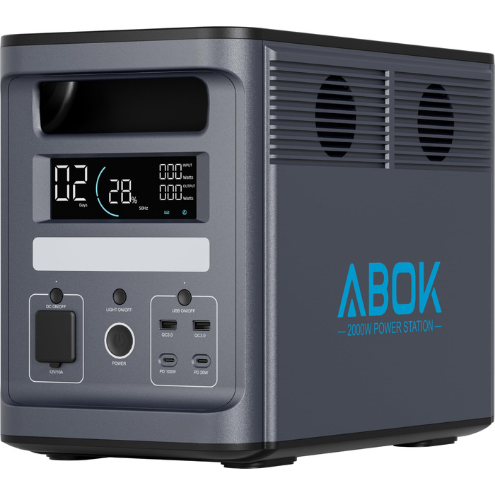 Акумуляторна станція ABOK Ark2000 Powerstation ємністю 1536 Втгод, LiFePO4, з можливістю розширення до 4,6 кВтгод, швидка зарядка від 0 до 100 за 1,3 год, сонячний генератор змінного струму потужністю 2000 Вт з ДБЖ та керуванням за допомогою застосунку дл
