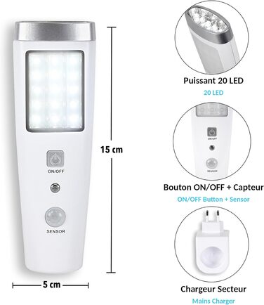 Датчик присутності - Кутове виявлення 60 - 15 передніх світлодіодів та 5 верхніх світлодіодів - Перезаряджається від мережі - Бездротовий індукційний зарядний пристрій - 3,7 В - Батарейка 15 см - Портативний ліхтарик - Білий