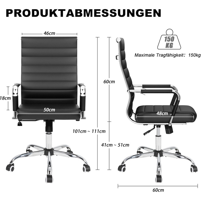 Ергономічне офісне крісло UEV, до 150 кг, штучна шкіра, чорний (срібна основа)