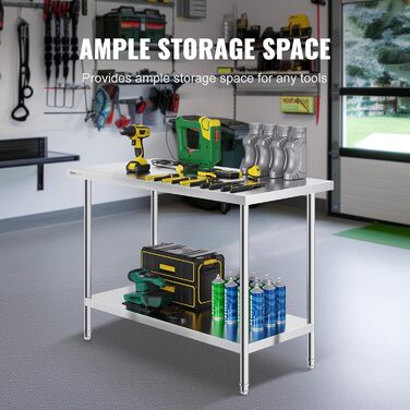 Комерційний стіл з нержавіючої сталі 122 x 61 x 86 см, дворівневий робочий стіл з нержавіючої сталі, розбірний стіл для кейтерингу, вантажопідйомність 150 кг 100 кг, комерційний кухонний стіл, стіл для підготовки з регульованою висотою