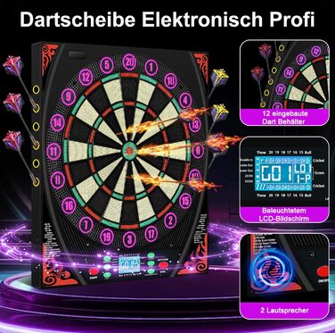 Електронна мішень для дартсу з німецьким голосом, підсвіченим кільцем з цифрами та РК-екраном, електронна мішень для дартсу з 34 іграми та 369 варіаціями, електронна мішень для дартсу для дорослих