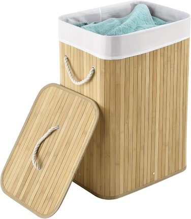 Бамбуковий кошик для білизни Juskys Curly Natural 72 л - Гігієнічний та складаний кошик для білизни з кришкою, ручкою для перенесе