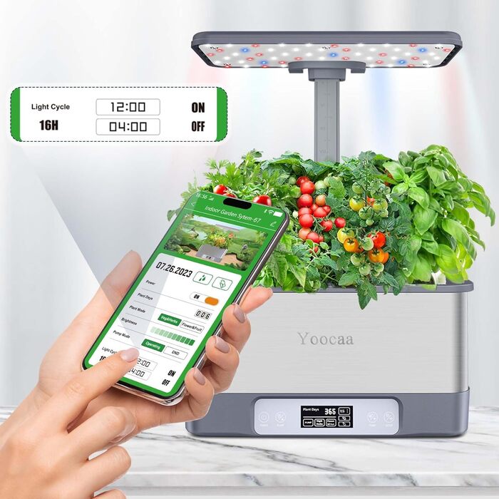 Гідропонна система Yoocaa Гідропонна система вирощування зі світлодіодним підсвічуванням і автоматичним таймером, керуванням APP, набором Smart Garden Herb Garden для дому та кухні, 8 стручків (макс. висота 45 см)